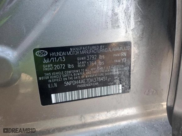2013 Hyundai Elantra GLS PZEV with VIN 5NPDH4AE7DH378451, listed as a Copart auction lot 44617665 with 95,414 mi miles and Salvage Title. Bid and sale history available at carsss.com. Image 12.