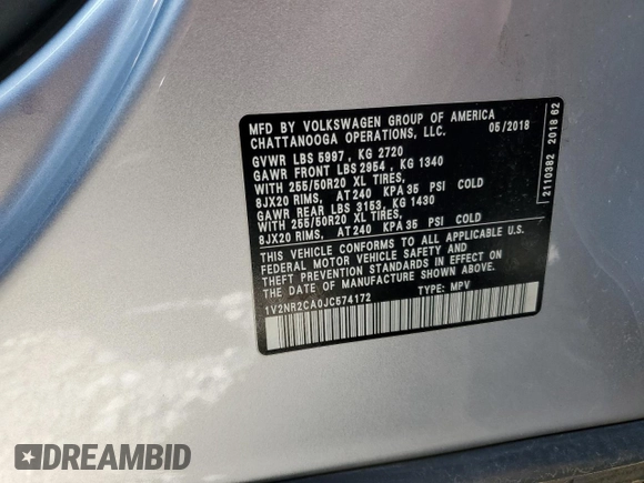 2018 Volkswagen Atlas SEL Premium with VIN 1V2NR2CA0JC574172, listed as a Copart auction lot 49454025 with 113,823 mi miles and Salvage title. Bid and sale history available at DreamBid. Image 14.