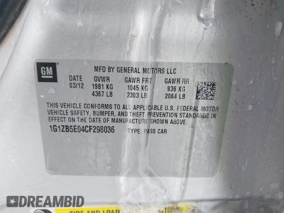 2012 Chevrolet Malibu 1LS with VIN 1G1ZB5E04CF298036, listed as a IAAI auction lot 41537790 with 127,632 mi miles and . Bid and sale history available at DreamBid. Image 9.