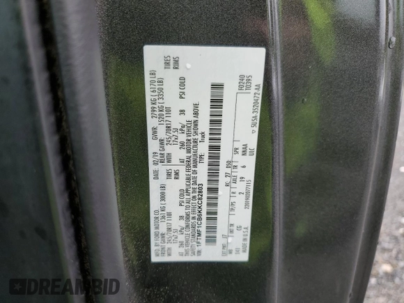 2019 Ford F-150 XL z VIN 1FTMF1CB6KKC82803, wystawiony jako Copart lot #60141195 z przebiegiem 92 414 mil mil oraz Szkoda całkowita • Salvage title. Historia ofert i sprzedaży dostępna na DreamBid. Obrazek 12.