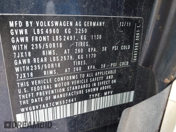 2012 Volkswagen Tiguan SE with VIN WVGBV7AX7CW552641, listed as a IAAI auction lot 42547566 with 184,617 mi miles and . Bid and sale history available at DreamBid. Image 9.