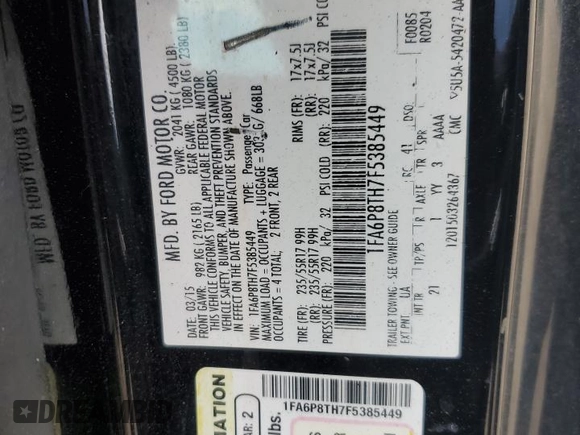 2015 Ford Mustang EcoBoost with VIN 1FA6P8TH7F5385449, listed as a Copart auction lot 53570555 with 86,541 mi miles and Salvage title. Bid and sale history available at DreamBid. Image 14.
