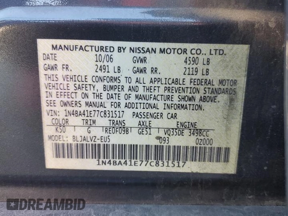 2007 Nissan Maxima 3.5 SE with VIN 1N4BA41E77C831517, listed as a Copart auction lot 77130864 with 129,298 mi miles and Salvage Title. Bid and sale history available at carsss.com. Image 12.