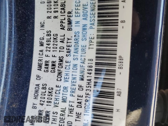 2017 Honda Accord Sedan LX with VIN 1HGCR2F35HA149818, listed as a Copart auction lot 42377075 with 193,417 mi miles and Salvage Title. Bid and sale history available at carsss.com. Image 14.