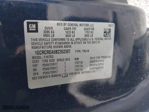 2011 Chevrolet Silverado 1500 LS with VIN 1GCRCREA6BZ352387, listed as a IAAI auction lot 41661151 with 112,523 mi miles. Bid and sale history available at carsss.com. Image 9.