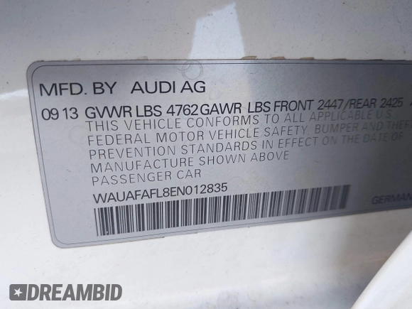 2014 Audi A4 Premium with VIN WAUAFAFL8EN012835, listed as a IAAI auction lot 41558062 with 105,674 mi miles. Bid and sale history available at carsss.com. Image 9.