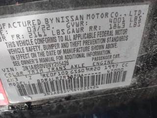 2022 Nissan Sentra SR with VIN 3N1AB8DV9NY255426, listed as a IAAI auction lot 41641438 with 23,066 mi miles. Bid and sale history available at carsss.com. Image 9.