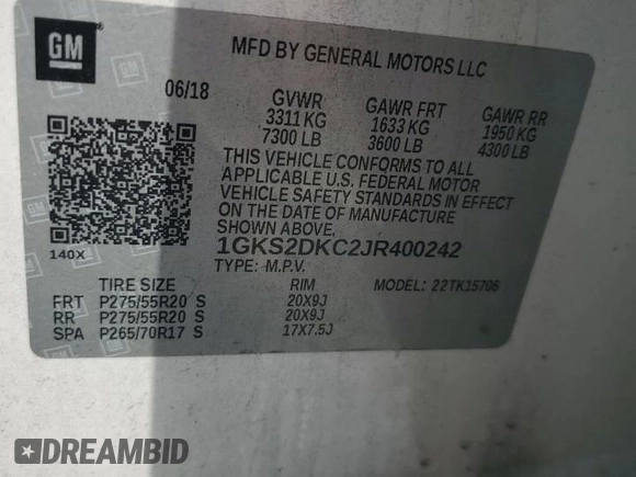 2018 GMC Yukon SLT Standard Edition with VIN 1GKS2DKC2JR400242, listed as a Copart auction lot 52111245 with 184,979 mi miles and Clean Title. Bid and sale history available at carsss.com. Image 13.