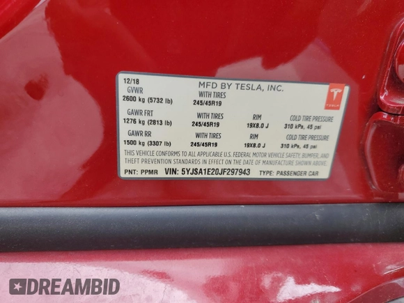 2018 Tesla Model S 75D with VIN 5YJSA1E20JF297943, listed as a Copart auction lot 52164325 with 46,051 mi miles and Salvage title. Bid and sale history available at DreamBid. Image 14.