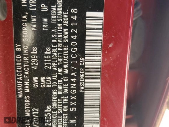 2012 Kia Optima EX with VIN 5XXGN4A71CG042148, listed as a Copart auction lot 45535675 with Not Provided miles and Salvage Title. Bid and sale history available at DreamBid. Image 12.