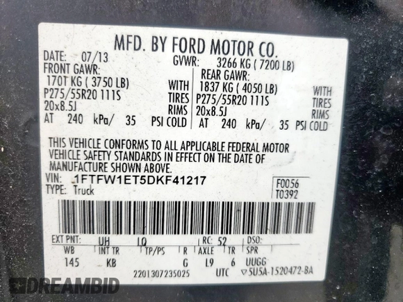 2013 Ford F-150 XL with VIN 1FTFW1ET5DKF41217, listed as a Copart auction lot 59042935 with Not provided miles and Clean title. Bid and sale history available at DreamBid. Image 12.