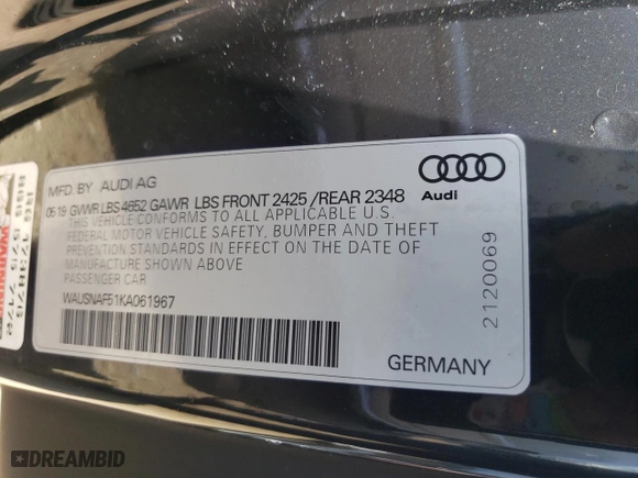 2019 Audi A5 Coupe Premium with VIN WAUSNAF51KA061967, listed as a Copart auction lot 57387054 with 43,357 mi miles and Salvage Title. Bid and sale history available at carsss.com. Image 14.