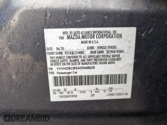 2010 Mazda 6 S Grand Touring with VIN 1YVHZ8CB5A5M48625, listed as a Copart auction lot 83808204 with 112,027 mi miles and Salvage Title. Bid and sale history available at DreamBid. Image 13.