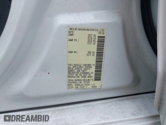 2016 Nissan Altima S with VIN 1N4AL3AP8GN361875, listed as a IAAI auction lot 42526882 with 119,628 mi miles and . Bid and sale history available at DreamBid. Image 9.