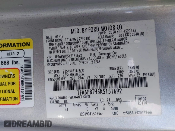 2019 Ford Mustang EcoBoost with VIN 1FA6P8TH5K5151692, listed as a IAAI auction lot 41414802 with 72,793 mi miles and . Bid and sale history available at carsss.com. Image 9.