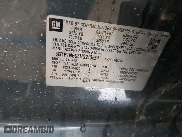 2017 GMC Sierra 1500 SLT with VIN 3GTP1NEC6HG213554, listed as a Copart auction lot 52436745 with 104,023 mi miles and Salvage title. Bid and sale history available at DreamBid. Image 12.