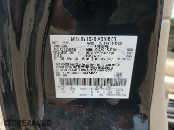 2012 Ford Escape Limited z VIN 1FMCU0E76CKA74065, wystawiony jako Copart lot #59742635 z przebiegiem 133 473 mil mil oraz Czysty tytuł • Clean title. Historia ofert i sprzedaży dostępna na DreamBid. Obrazek 13.