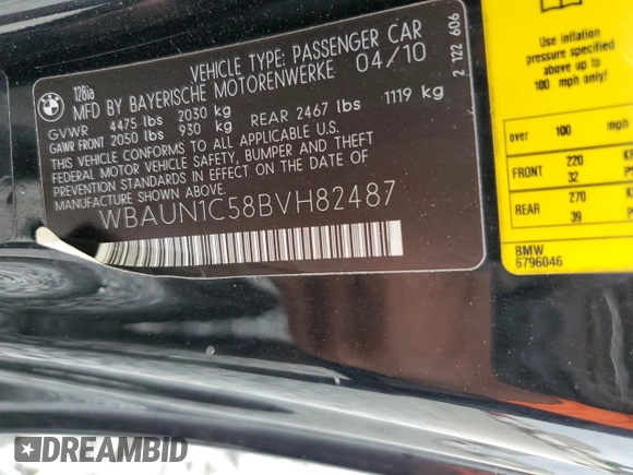 2011 BMW 1 Series 128i with VIN WBAUN1C58BVH82487, listed as a Copart auction lot 54295625 with 60,879 mi miles and Salvage title. Bid and sale history available at DreamBid. Image 12.
