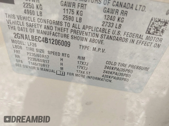 2011 Chevrolet Equinox LS with VIN 2GNALBEC4B1206009, listed as a IAAI auction lot 42035978 with 125,730 mi miles. Bid and sale history available at carsss.com. Image 9.