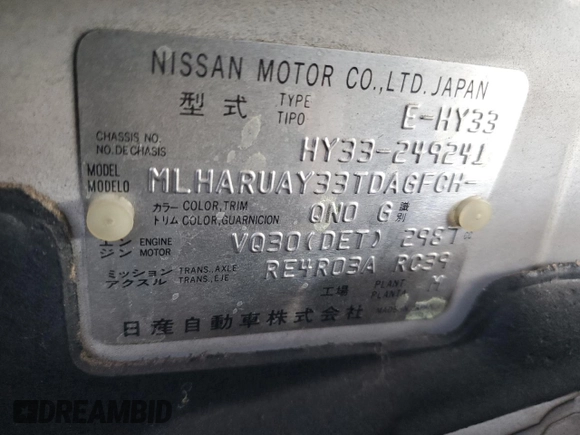 1996 Nissan Cedric z VIN HY33249241, wystawiony jako Copart lot #57869775 z przebiegiem 121 233 mil mil oraz Szkoda całkowita • Salvage title. Historia ofert i sprzedaży dostępna na DreamBid. Obrazek 12.
