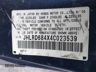 2004 Honda CR-V LX with VIN JHLRD684X4C023539, listed as a IAAI auction lot 42032809 with 186,056 mi miles and . Bid and sale history available at carsss.com. Image 9.