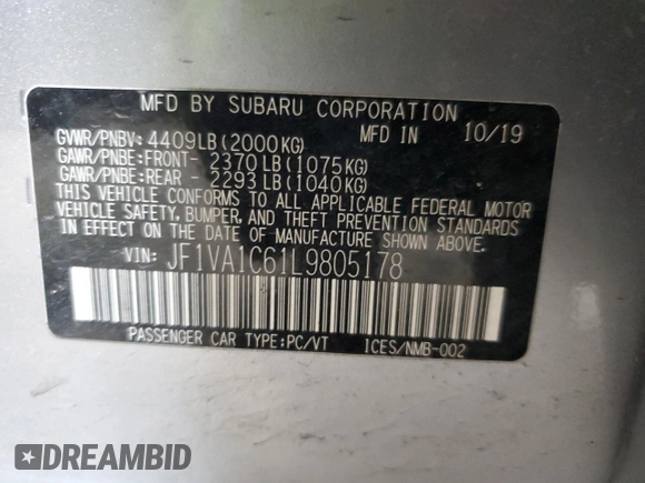 2020 Subaru WRX Premium with VIN JF1VA1C61L9805178, listed as a Copart auction lot 45537605 with 57,453 mi miles and Salvage Title. Bid and sale history available at carsss.com. Image 12.