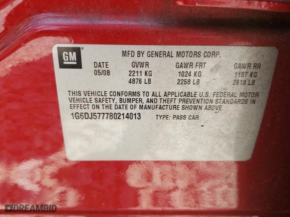 2008 Cadillac CTS RWD w/1SA with VIN 1G6DJ577780214013, listed as a Copart auction lot 58509514 with NaN miles and Salvage Title. Bid and sale history available at carsss.com. Image 12.