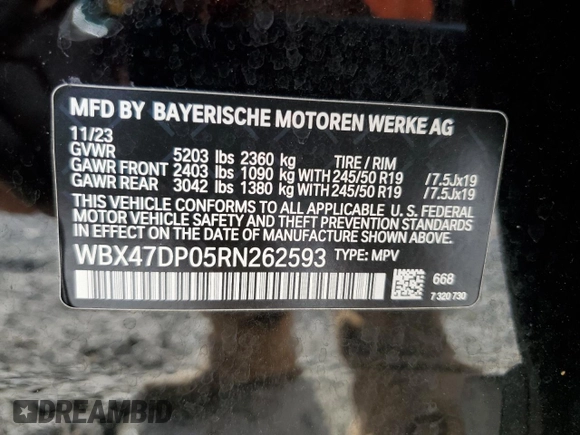 2024 BMW X3 sDrive30i z VIN WBX47DP05RN262593, wystawiony jako Copart lot #54863395 z przebiegiem 17 048 mil mil oraz Szkoda całkowita • Salvage title. Historia ofert i sprzedaży dostępna na DreamBid. Obrazek 13.