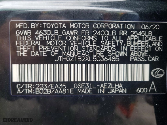 2020 Lexus IS with VIN JTHGZ1B2XL5036485, listed as a Copart auction lot 74507064 with 42,704 mi miles and Non Repairable. Bid and sale history available at carsss.com. Image 13.