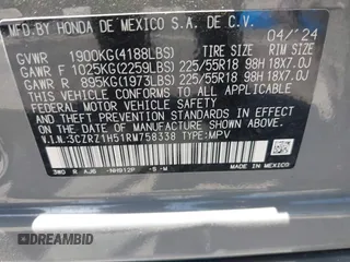 2024 Honda HR-V Sport with VIN 3CZRZ1H51RM758338, listed as a IAAI auction lot 42373837 with 13,953 mi miles and . Bid and sale history available at DreamBid. Image 9.