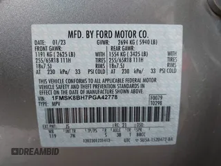 2023 Ford Explorer with VIN 1FMSK8BH7PGA42778, listed as a IAAI auction lot 41764514 with 25,573 mi miles and . Bid and sale history available at DreamBid. Image 9.