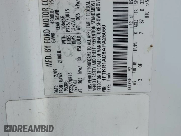 2010 Ford Ranger XL with VIN 1FTKR1AD8APA25050, listed as a Copart auction lot 59758655 with 161,400 mi miles and Salvage title. Bid and sale history available at DreamBid. Image 13.