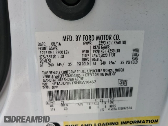 2017 Ford Expedition Limited z VIN 1FMJU1KT5HEA16467, wystawiony jako Copart lot #53788095 z przebiegiem 125 499 mil mil oraz Szkoda całkowita • Salvage title. Historia ofert i sprzedaży dostępna na DreamBid. Obrazek 14.