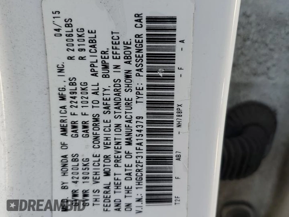2015 Honda Accord LX with VIN 1HGCR2F31FA154379, listed as a Copart auction lot 48415835 with 179,633 mi miles and Salvage Title. Bid and sale history available at carsss.com. Image 14.