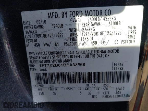 2011 Ford F-250 XL with VIN 1FT7X2B61BEA33568, listed as a IAAI auction lot 41692557 with 177,689 mi miles and . Bid and sale history available at DreamBid. Image 9.