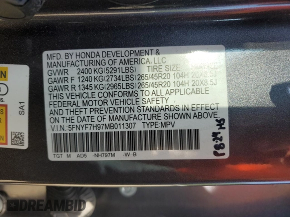 2021 Honda Passport Touring z VIN 5FNYF7H97MB011307, wystawiony jako Copart lot #52310415 z przebiegiem 72 118 mil mil oraz Szkoda całkowita • Salvage title. Historia ofert i sprzedaży dostępna na DreamBid. Obrazek 13.