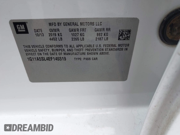 2014 Chevrolet Malibu LS with VIN 1G11A5SL4EF149319, listed as a IAAI auction lot 41594054 with 150,174 mi miles and . Bid and sale history available at DreamBid. Image 9.
