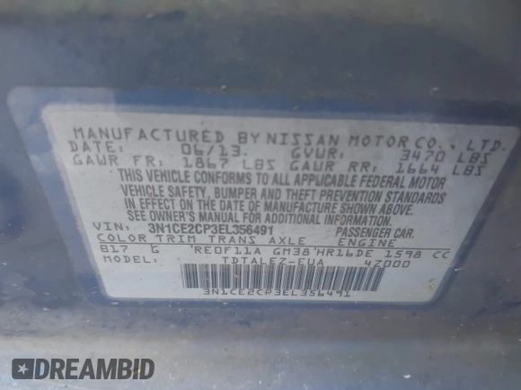 2014 Nissan Note S with VIN 3N1CE2CP3EL356491, listed as a IAAI auction lot 42628539 with 87,385 mi miles and . Bid and sale history available at DreamBid. Image 9.