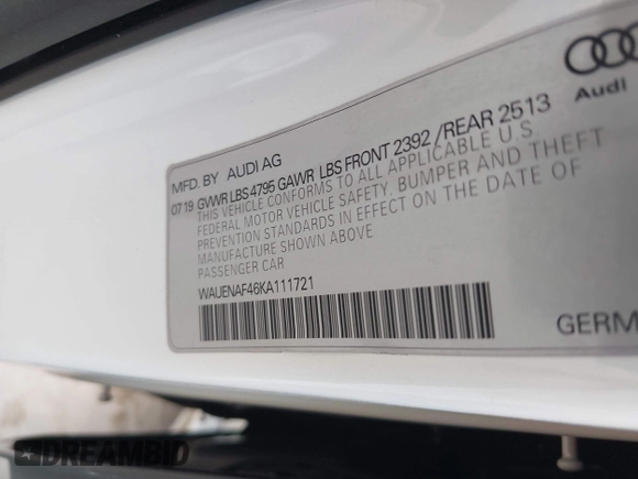 2019 Audi A4 Premium Plus z VIN WAUENAF46KA111721, wystawiony jako IAAI lot #41500022 z przebiegiem 92 993 mil mil oraz . Historia ofert i sprzedaży dostępna na DreamBid. Obrazek 9.