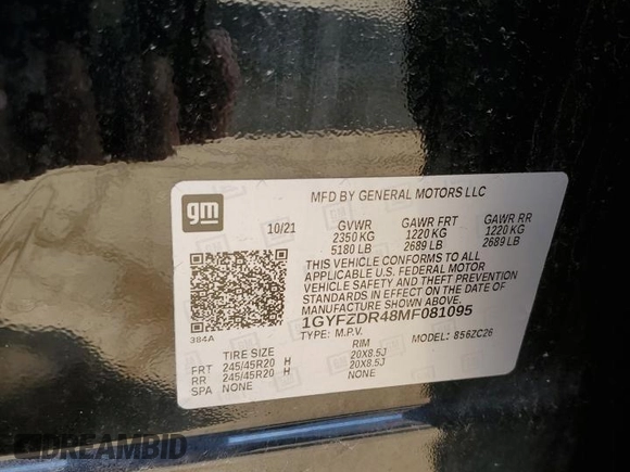 2021 Cadillac XT4 AWD Premium Luxury with VIN 1GYFZDR48MF081095, listed as a Copart auction lot 54206265 with 60,923 mi miles and Clean title. Bid and sale history available at DreamBid. Image 12.
