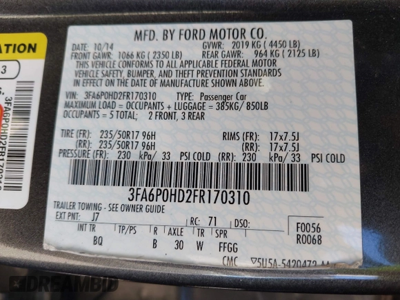 2015 Ford Fusion SE with VIN 3FA6P0HD2FR170310, listed as a IAAI auction lot 42123839 with 127,868 mi miles and . Bid and sale history available at DreamBid. Image 9.