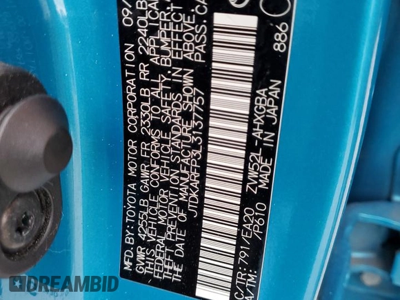 2020 Toyota Prius LE with VIN JTDKARFP3L3137757, listed as a Copart auction lot 55695845 with 189,195 mi miles and Salvage Title. Bid and sale history available at DreamBid. Image 13.