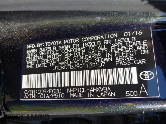 2016 Toyota Prius One with VIN JTDKDTB39G1122107, listed as a IAAI auction lot 42010864 with 68,481 mi miles and . Bid and sale history available at DreamBid. Image 9.