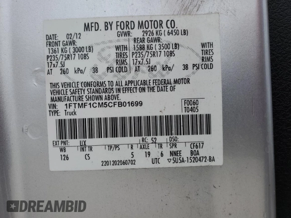 2012 Ford F-150 XL with VIN 1FTMF1CM5CFB01699, listed as a Copart auction lot 42536975 with 129,799 mi miles and Salvage Title. Bid and sale history available at carsss.com. Image 12.