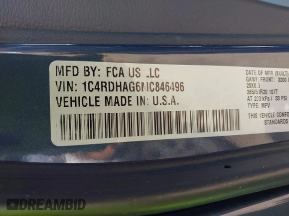 2021 Dodge Durango SXT Plus with VIN 1C4RDHAG6MC846496, listed as a IAAI auction lot 42398043 with 56,128 mi miles and . Bid and sale history available at DreamBid. Image 9.