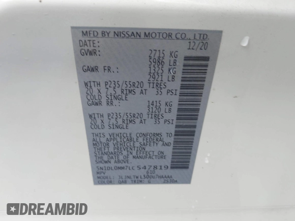 2020 Infiniti QX60 Luxe with VIN 5N1DL0MM7LC547819, listed as a IAAI auction lot 42271117 with 73,253 mi miles and . Bid and sale history available at DreamBid. Image 9.