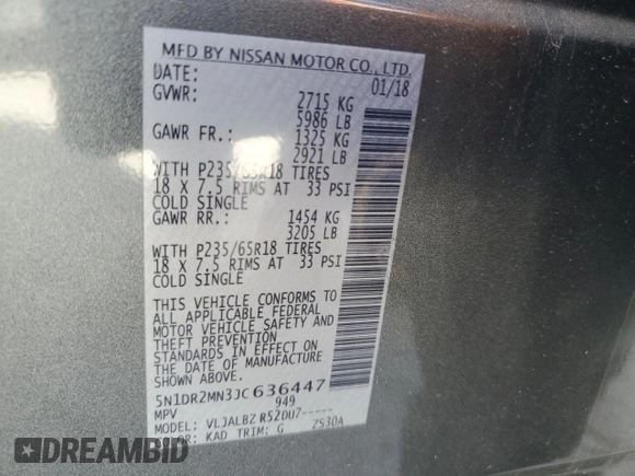 2018 Nissan Pathfinder S with VIN 5N1DR2MN3JC636447, listed as a Copart auction lot 48716635 with 124,556 mi miles and Non Repairable. Bid and sale history available at carsss.com. Image 14.