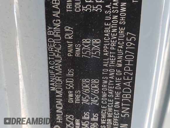 2023 Hyundai Santa Cruz SEL with VIN 5NTJBDAE2PH071957, listed as a Copart auction lot 48053295 with Not provided miles and Salvage title. Bid and sale history available at DreamBid. Image 14.