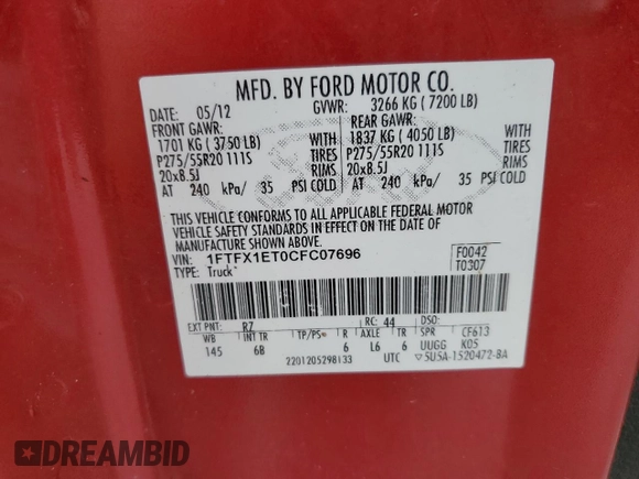 2012 Ford F-150 XL with VIN 1FTFX1ET0CFC07696, listed as a Copart auction lot 64260325 with 158,915 mi miles and Clean title. Bid and sale history available at DreamBid. Image 12.