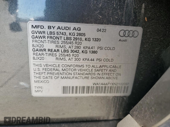 2022 Audi SQ5 Premium with VIN WA1A4AFYXN2102097, listed as a Copart auction lot 80156244 with 20,458 mi miles and Salvage Title. Bid and sale history available at DreamBid. Image 13.